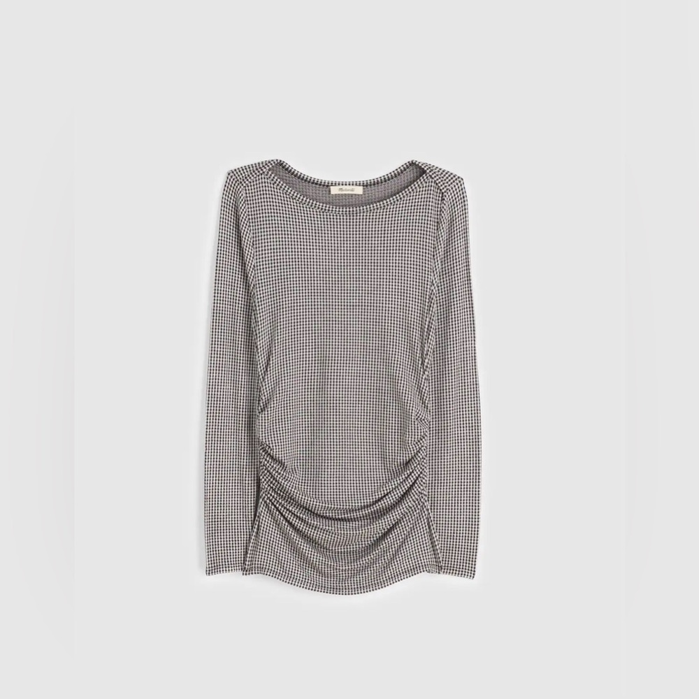 NWT Madewell Women's Ruched Crewneck Long-Sleeve Black and White Houndstooth Top - Picture 13 of 13